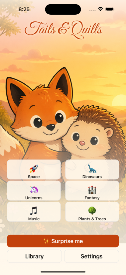 Tails & Quills home screen showing theme choices